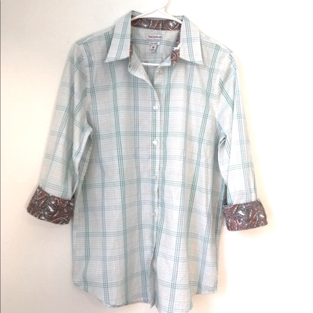 Rebecca Malone Plaid Paisley Contrast Cuffs Button Up Shirt Medium Relaxed